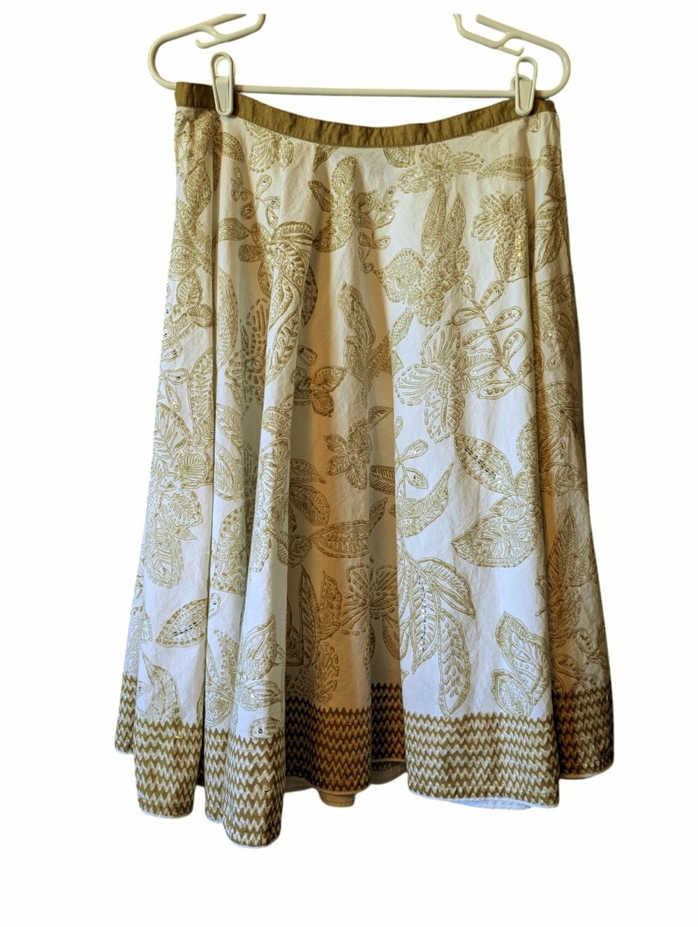 ANA White Floral A-Line Skirt with Gold/Tan  Print With Sequins Sz. 10